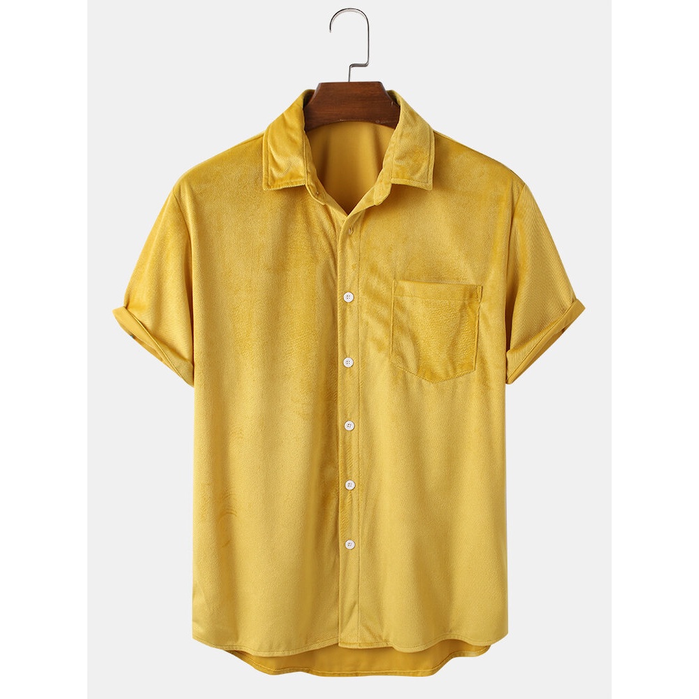 Mens Loose Corduroy Breathable Pocket Button Down Casual Shirts - Yellow S