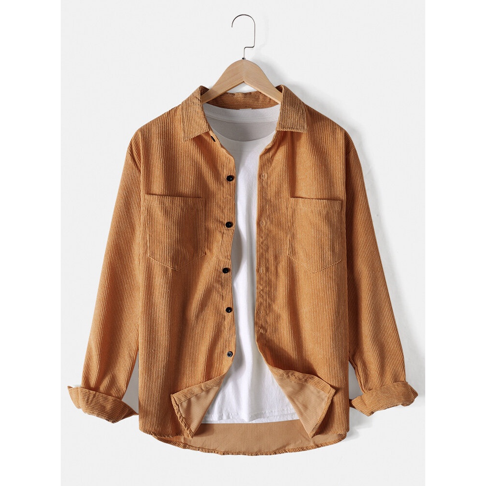 Mens Solid Color Corduroy Double Pocket Lapel Long Sleeve Casual Shirts - Light Blue L