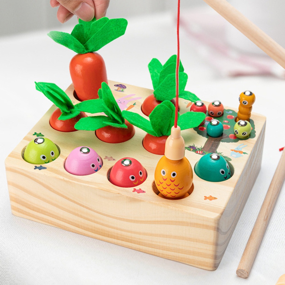 3-in-1 Catching Game Toy Radish Pulling Fishing Insect For Children Early Education Educational Wooden Toys Wood color - Image 2