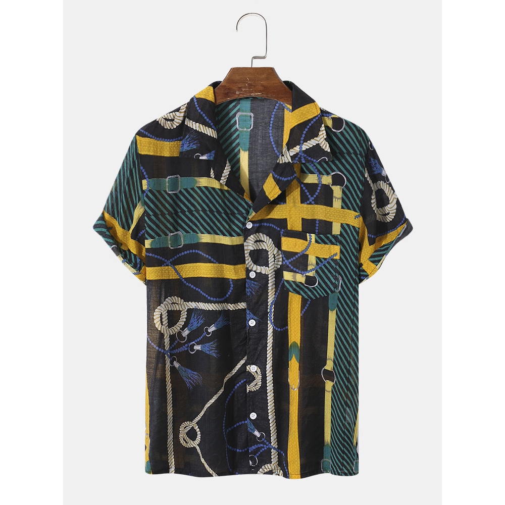 Mens Casual Twill & Rope Print Revere Collar Shirts - Black S