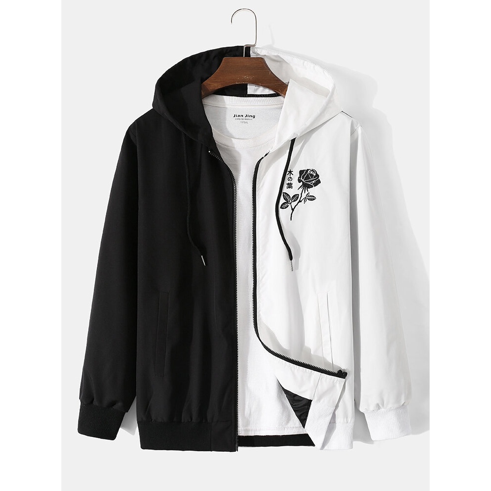 Men Casual Patchwork Color Block Pockets Long Sleeve Drawstring Jackets - Black S