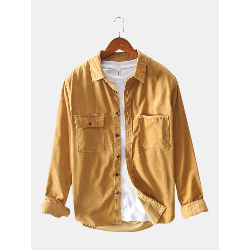 Mens Vintage Corduroy Double Pockets Long Sleeve Casual Shirts - Grey 3XL