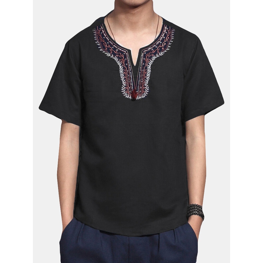 INCERUN Men Cotton Vintage V-neck Embroidery Top Shirts - 2XL Green