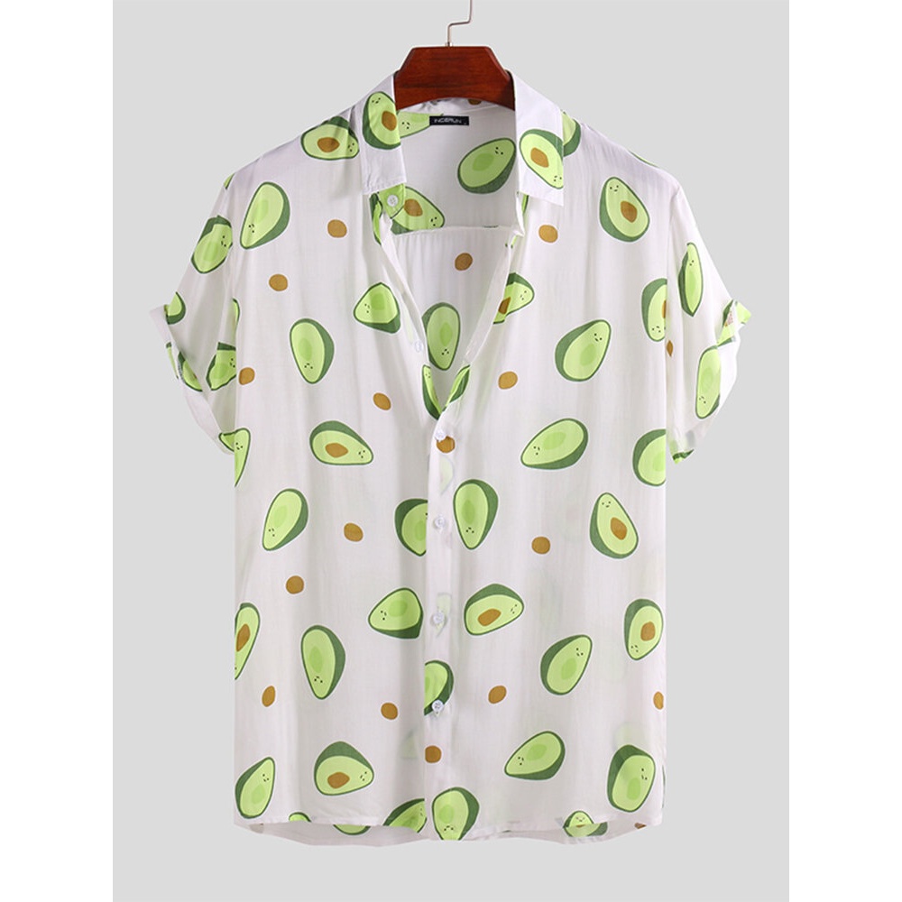 Mens Avocado Printed Summer Hawaiian Style Casual Vacation Fashion Shirts - S Navy