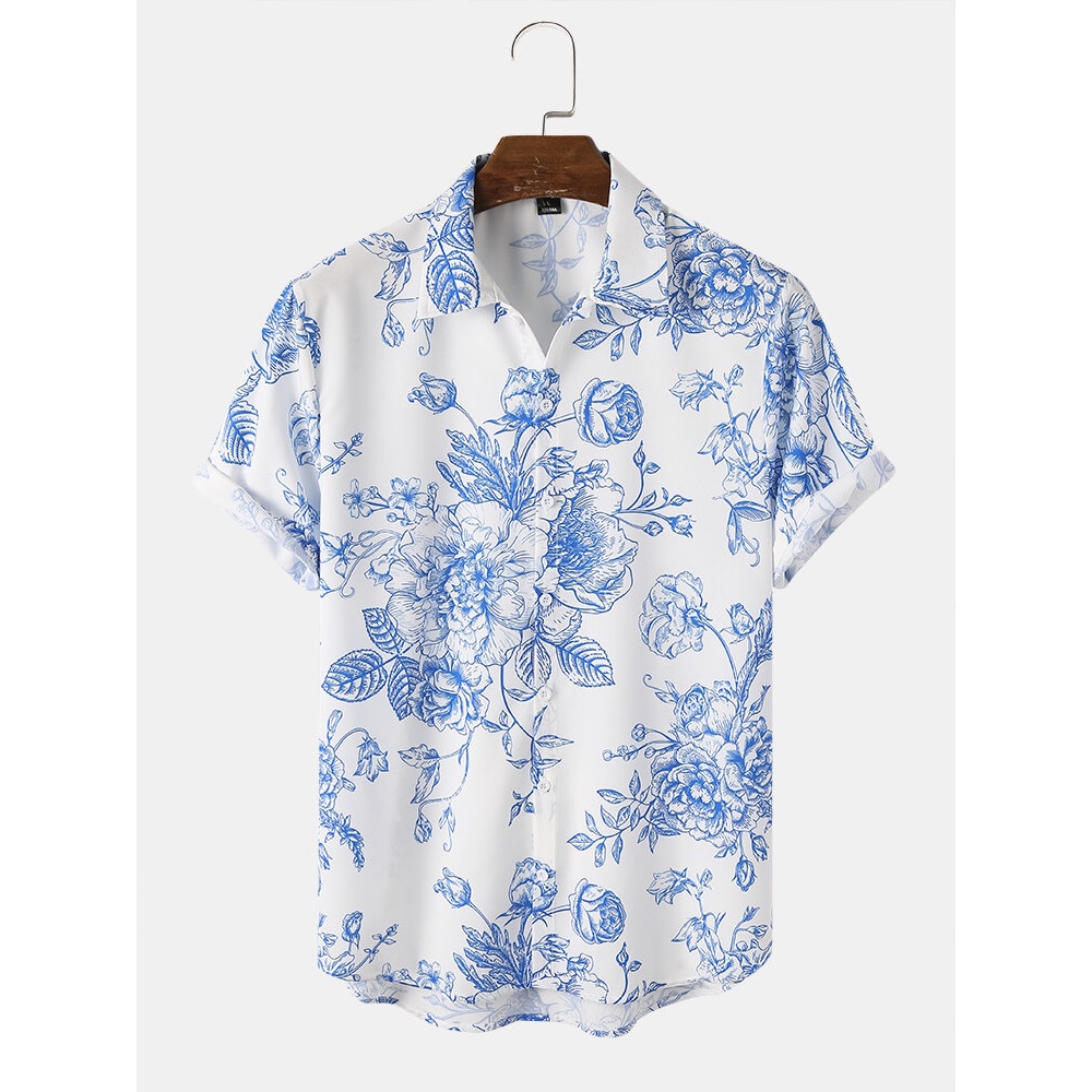 Mens Fashion Floral Print Chinese Style Short Sleeve Shirts - Blue M