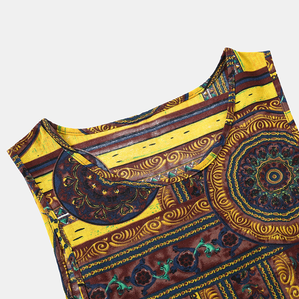 Mens 100% Cotton Summer Ethnic Floral Printed Sleeveless Casual Vest - XL Yellow - Image 2