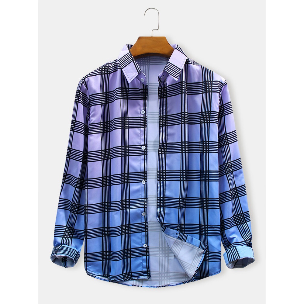 Design Gradient & Plaid Print Button Up Long Sleeve Casual Shirts For Men - Light Purple S