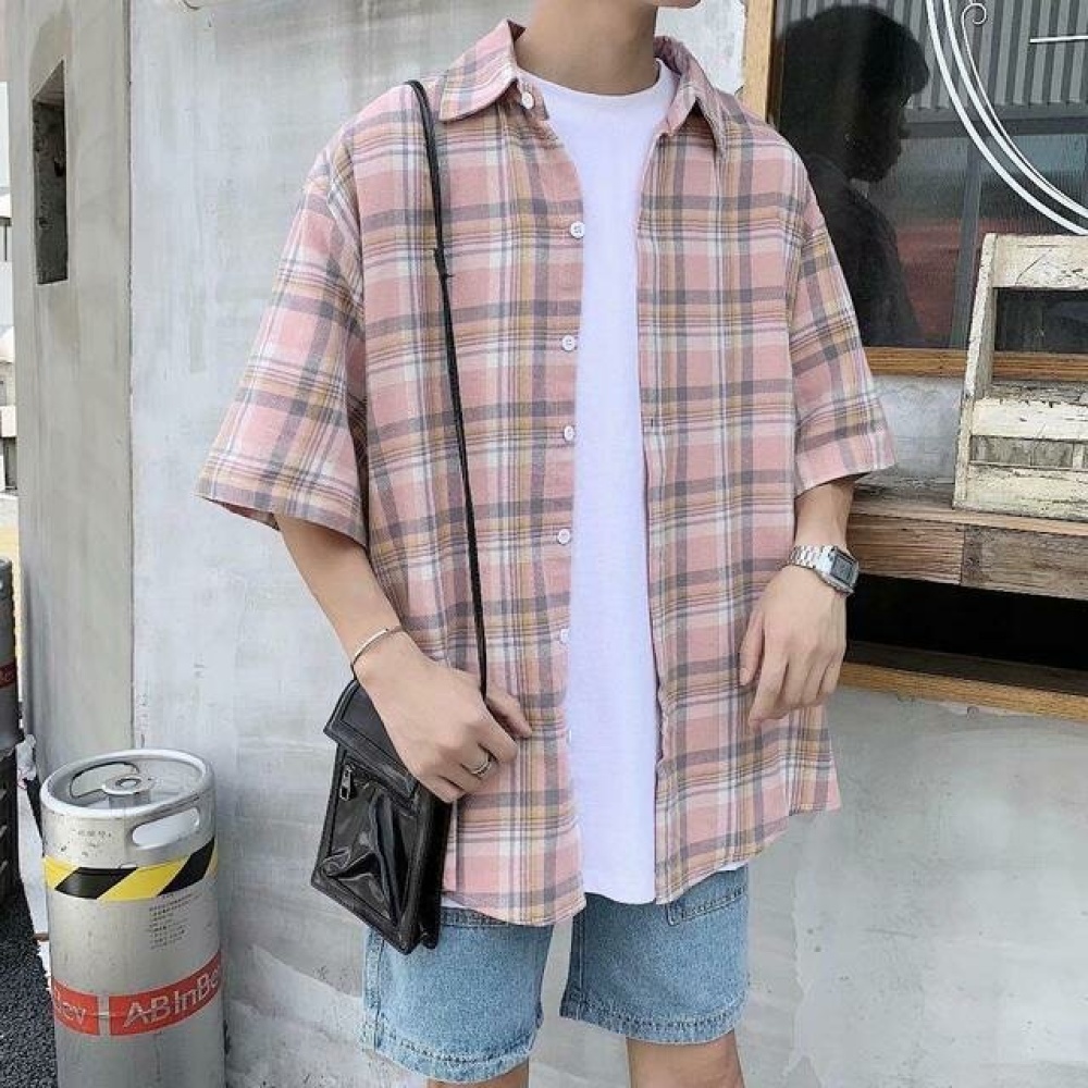 New Season Thin Shirt Men's Cotton Plaid Cardigan Short Sleeve Blue Stream Lapels - XL Pink