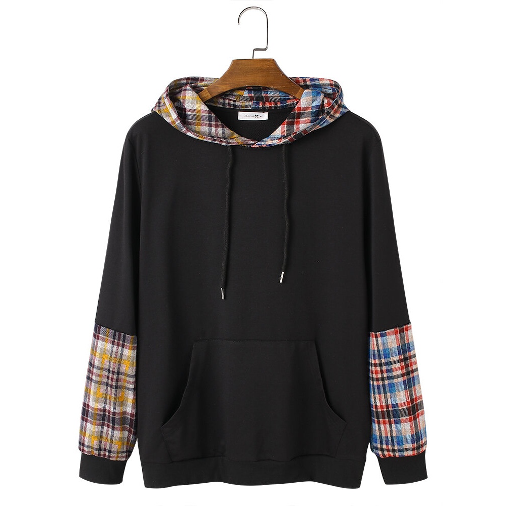 Mens Black Patchwork Colorful Plaid Kangaroo Pocket Drawstring Hoodies - Black S