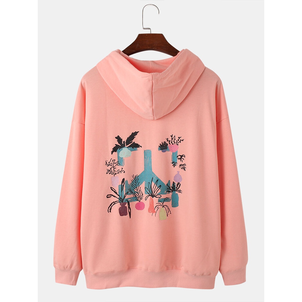 Mens Letter Cartoon Plant Back Print Cotton Casual Drop Shoulder Hoodies - White 2XL