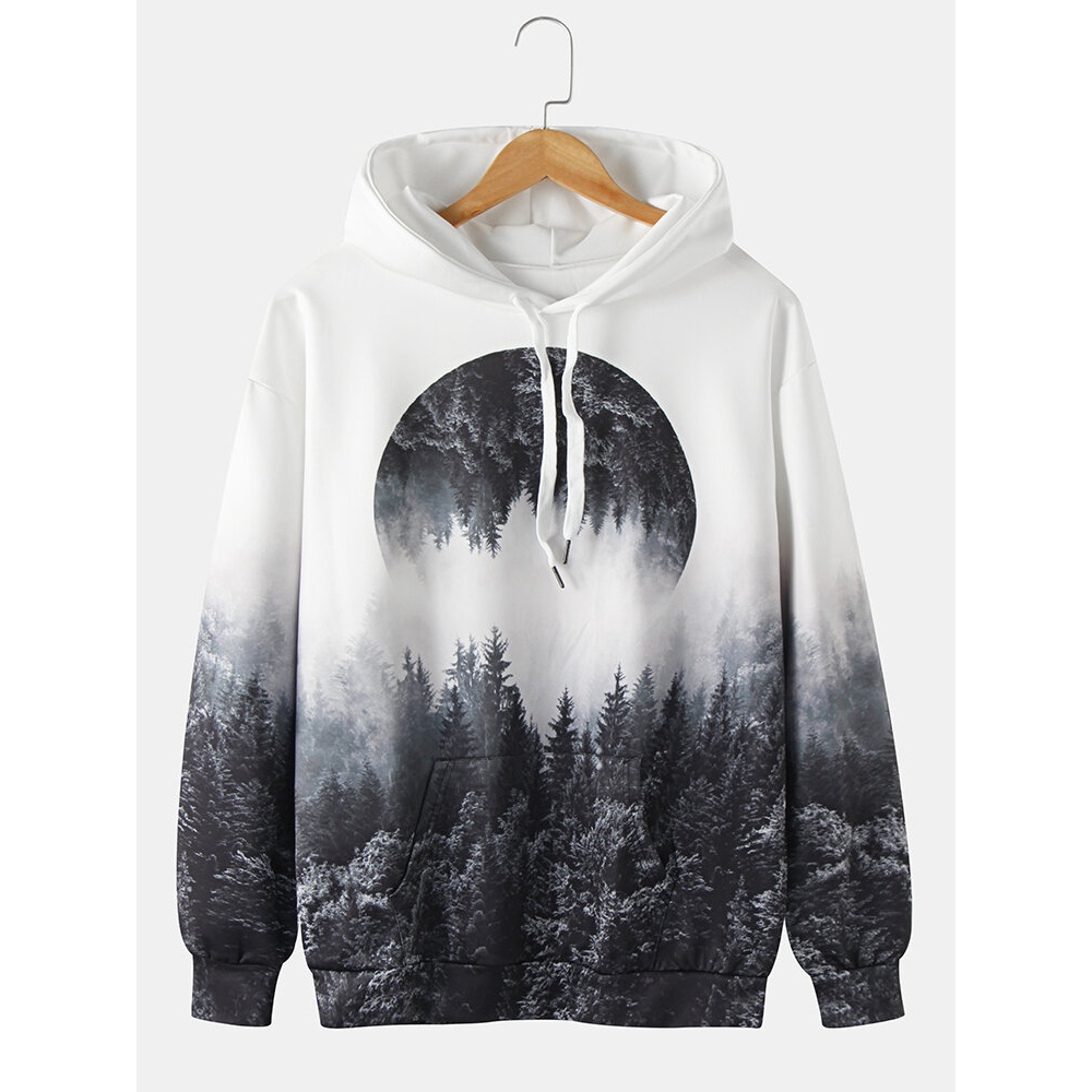 Mens 3D Forest Landscape Print Kangaroo Pocket Drawstring Hoodies - White S
