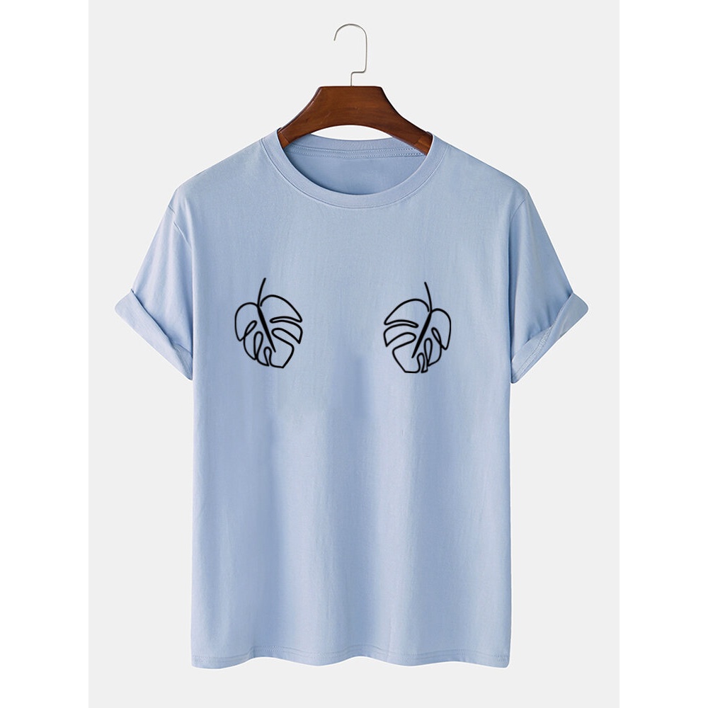 Mens Leaf Chest Print Crew Neck 100% Cotton Short Sleeve T-Shirts - Black S