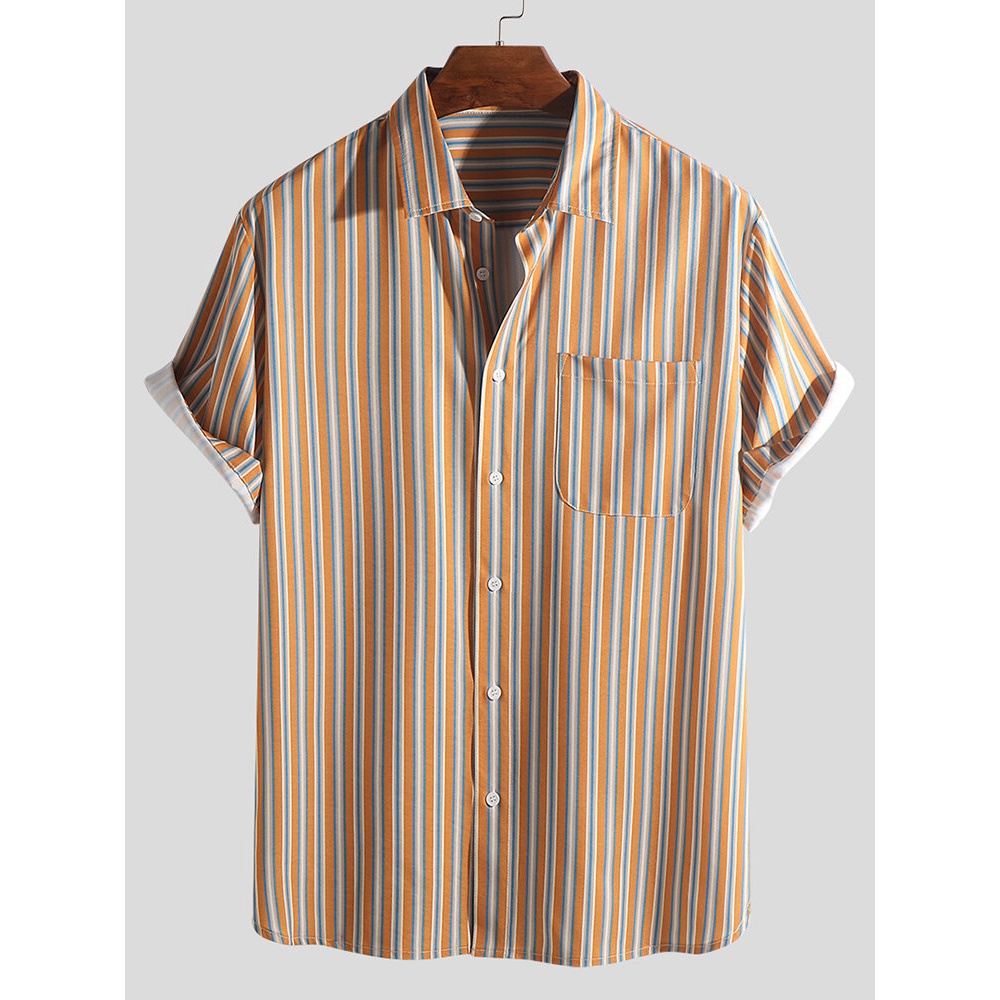 Mens Holiday Colorful Stripe Short Sleeve Shirts - 2XL Yellow