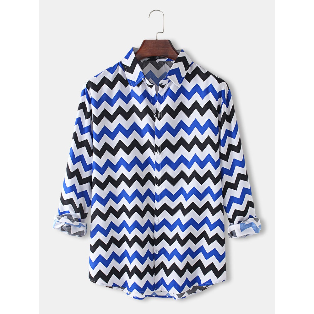 Mens Colorful Chevron Print Lapel Long Sleeve Casual Shirts - Red M