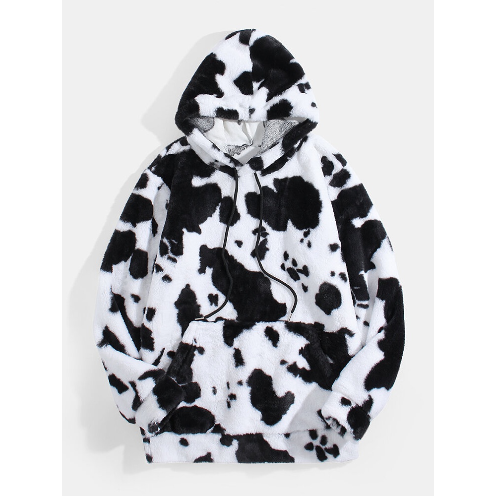 Mens Cows Print Fluffy Long Sleeve Plush Hoodie With Kangaroo Pocket - White M