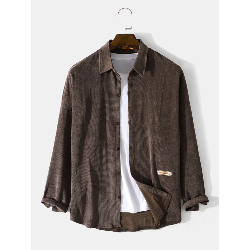 Mens Retro Casual Corduroy Long Sleeve Lapel Shirt - Black 2XL