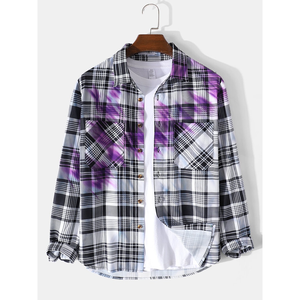 Mens Tie Dye Plaid Lapel Casual Long Sleeve Shirts - Black S
