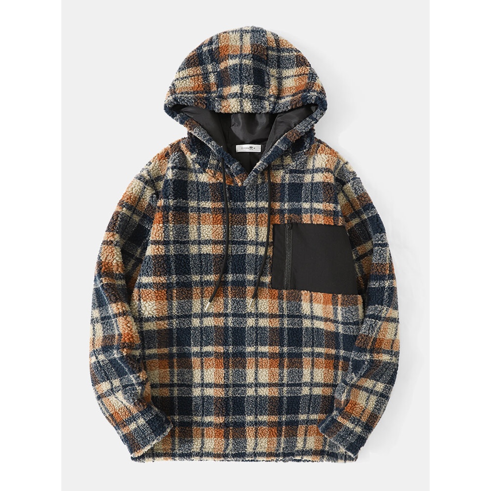 Men Vintage Fleece Patch Pocket Contrast Plaid Drawstring Hooded Sweatshirt - Brown S