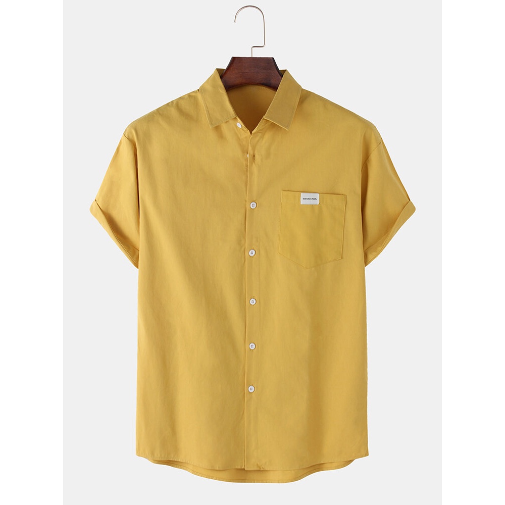 Cotton Mens Solid Color Short Casual Sleeve Shirts With Pocket - White XL