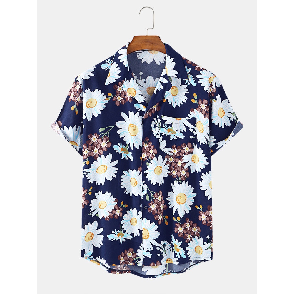 Daisy Floral Print Chest Pocket Revere Collar Short Sleeve Shirts For Men Women - Navy L