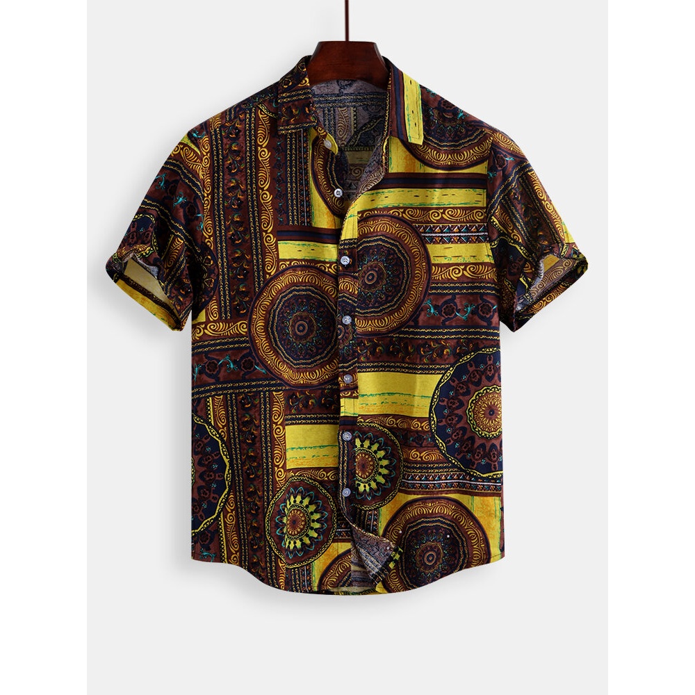 Mens Vintage Fashion Ethnic Pattern Printing Cotton Shirts - XL Brown