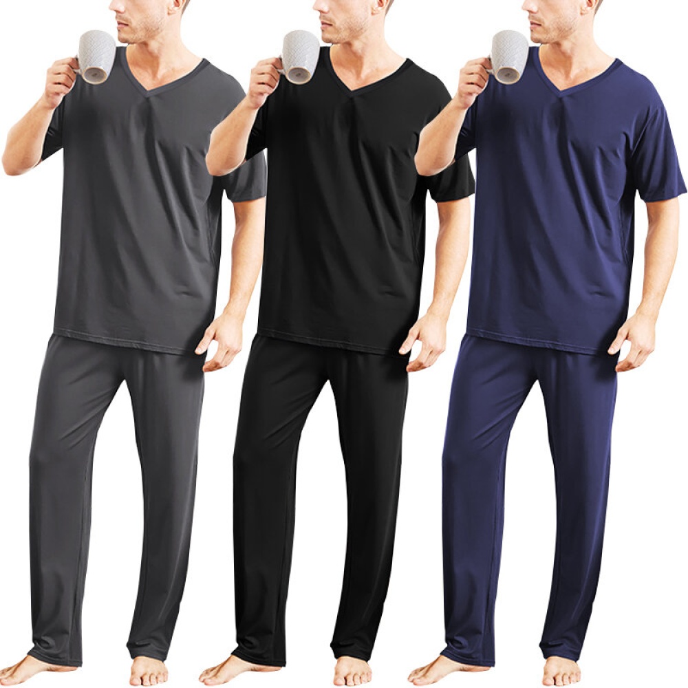 Mens Women's Set V Neck Short Sleeve Short Pants Breathable Sleepwear Homewear - Black S
