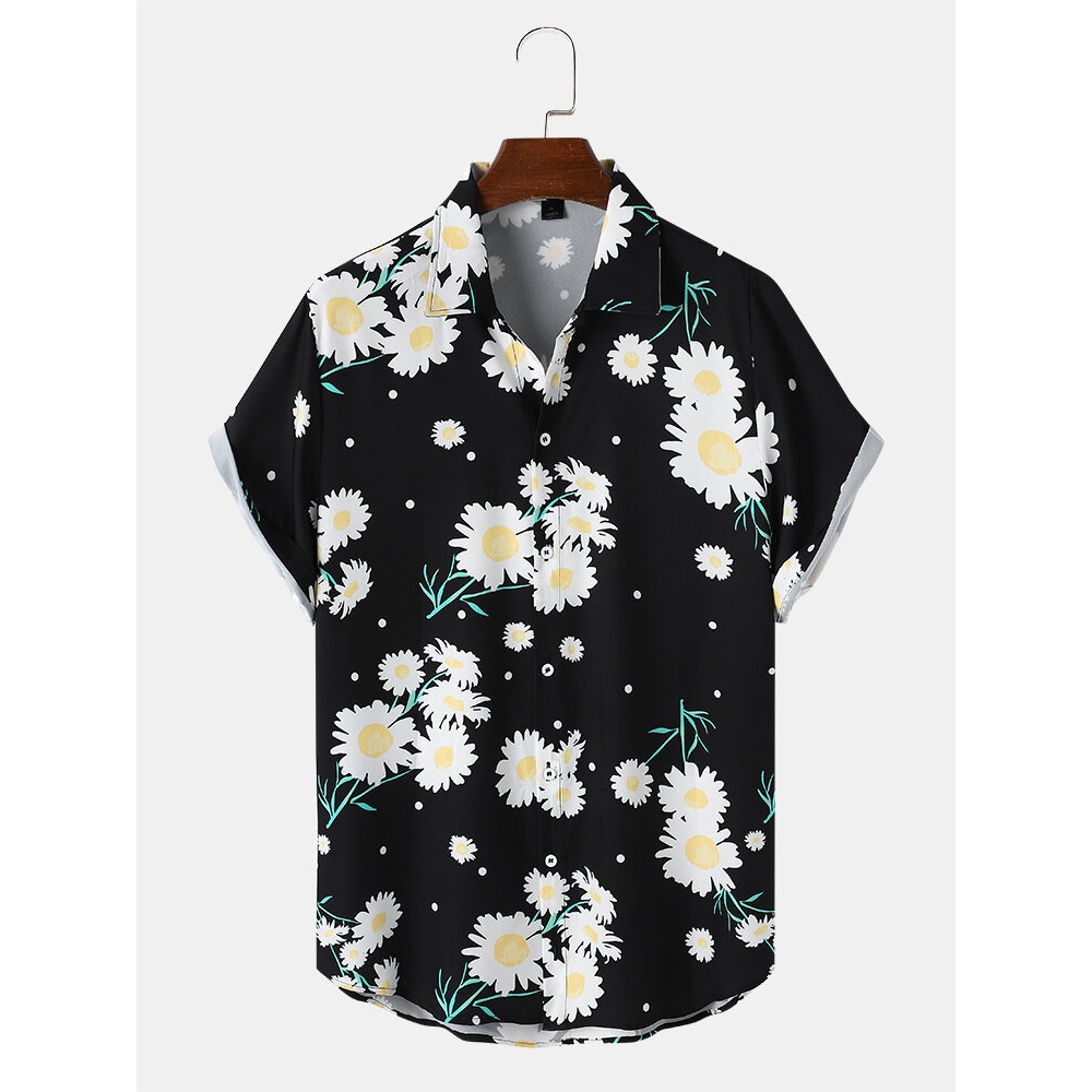 Mens Holiday Daisy Floral Print Button Up Short Sleeve Black Shirts - Black L