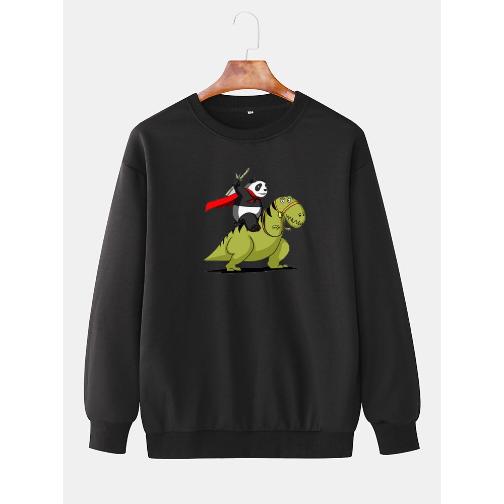Mens Panda Dinosaur Print Crew Neck Cotton Drop Shoulder Sweatshirts - White M