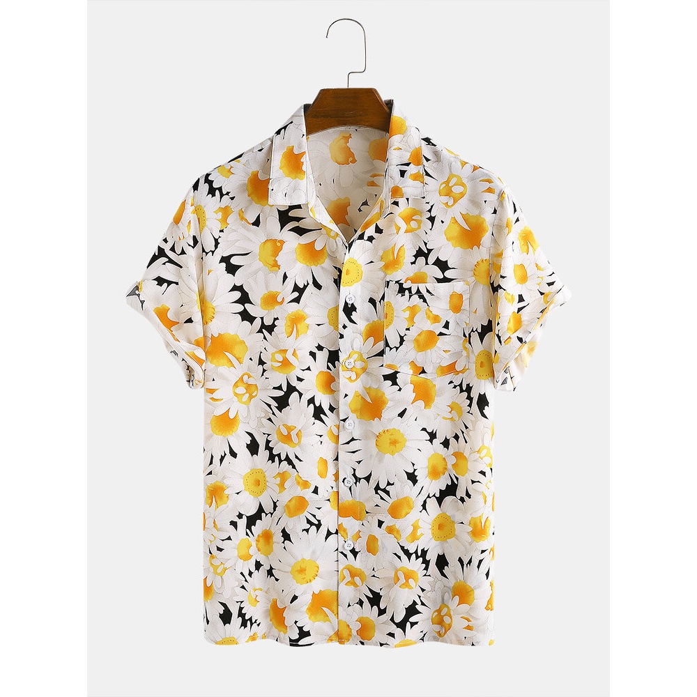 Daisy Spray Lively 3D Overall Printed Turn Down Collar Hawaii Holiday Short Sleeve Shirts For Men Women - Black M