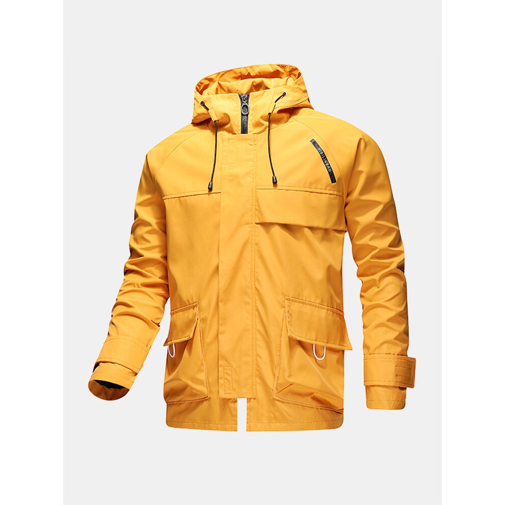 Mens Zip Front Relaxed Fit Drawstring Hooded Waterproof Outdoors Jackets With Flap Pockets - Yellow S