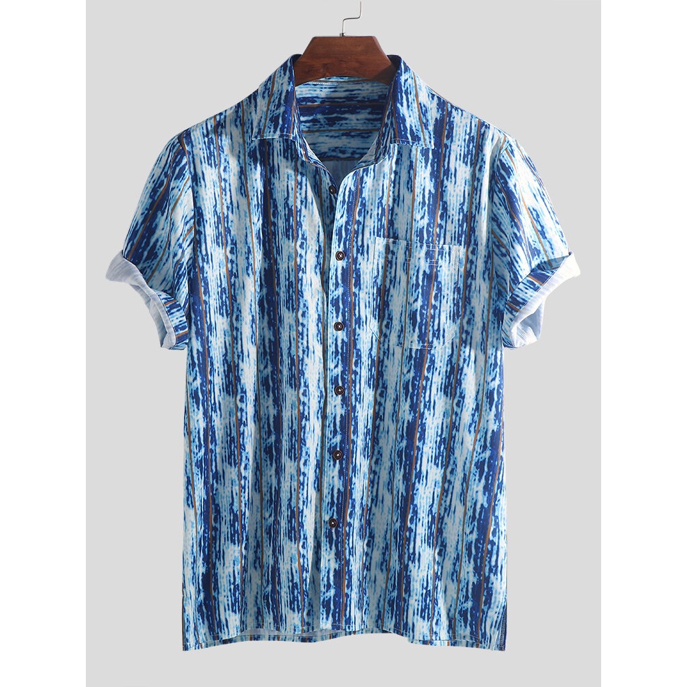 Men Seersucker Stripe Print Short Sleeve Hawaiian Shirts - M Blue