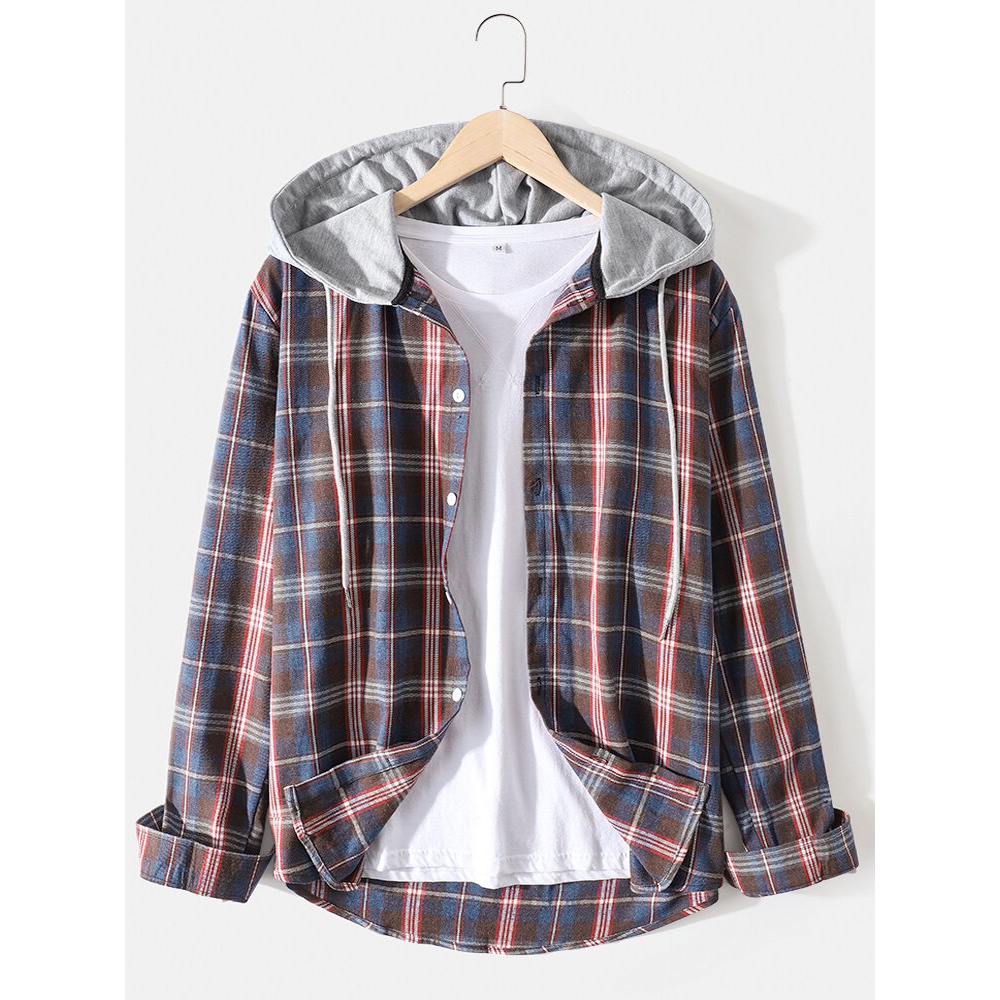 Mens Colorful Plaid Print Long Sleeve Hooded Vintage Shirts - Yellow M