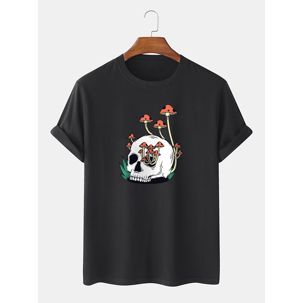 Mens Skull Mushroom Print 100% Cotton Thin Short Sleeve T-Shirt - Black S