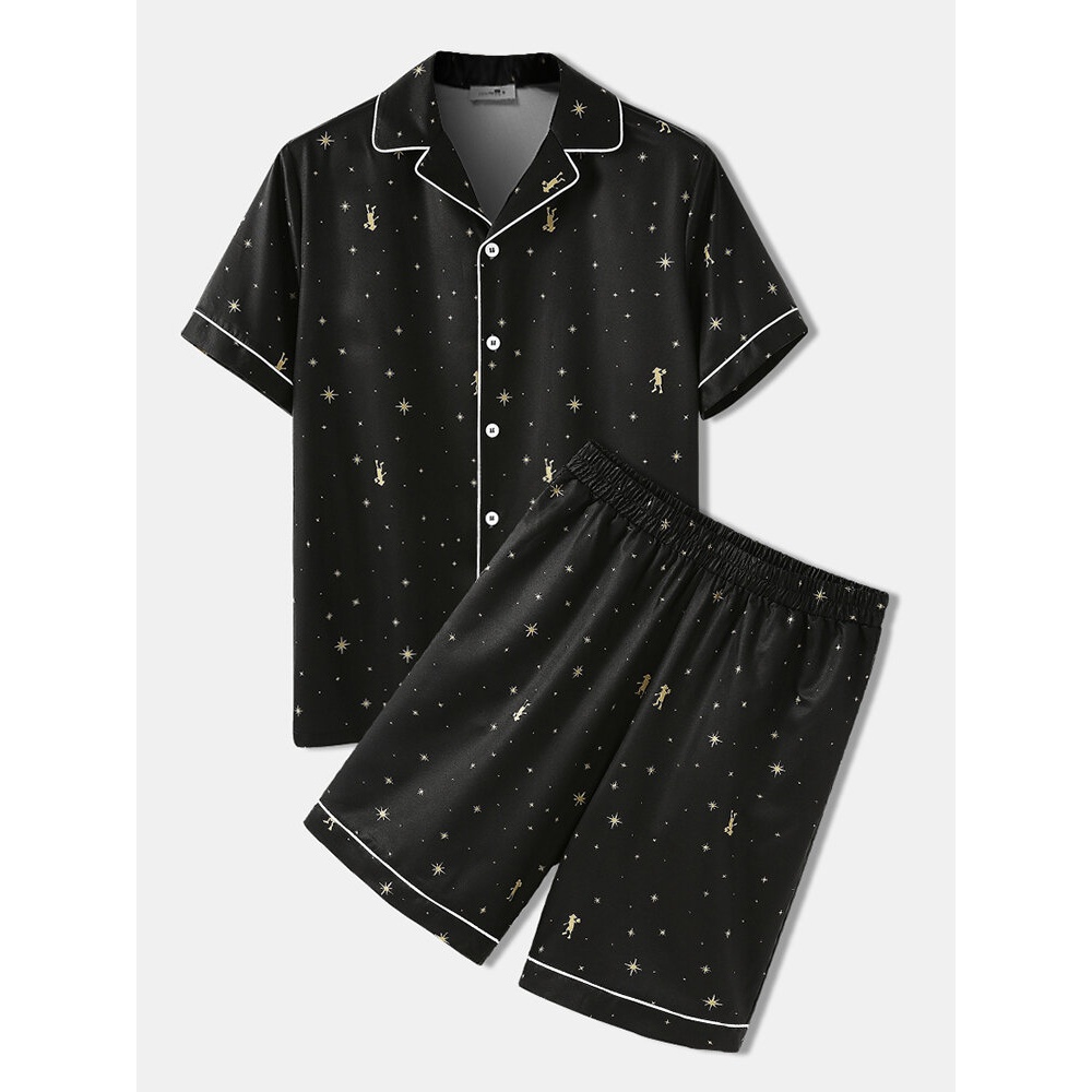 Mens Star Pattern Cozy Revere Collar Black Home Casual Pajama Set - Black L