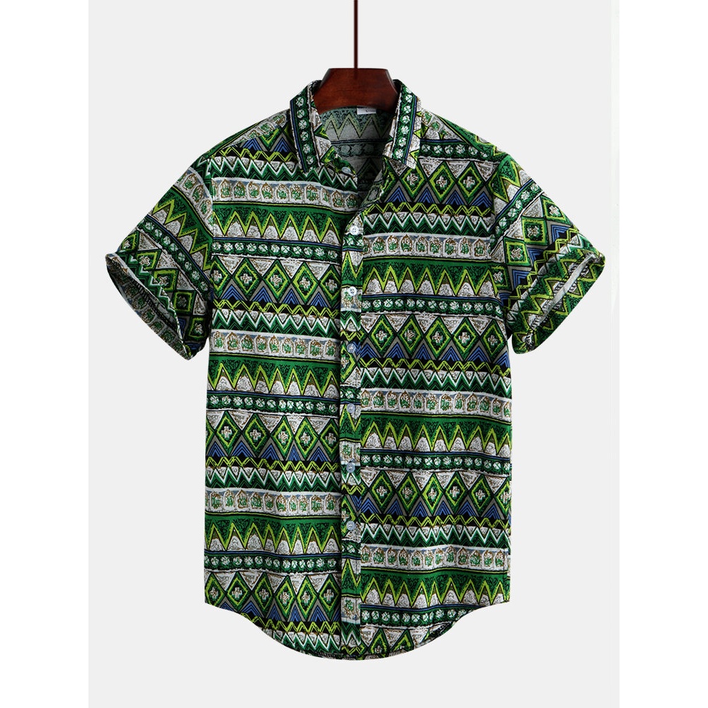 Mens Summer Dissymmetry Floral Printing Short Sleeve Casual Shirts - 2XL Green