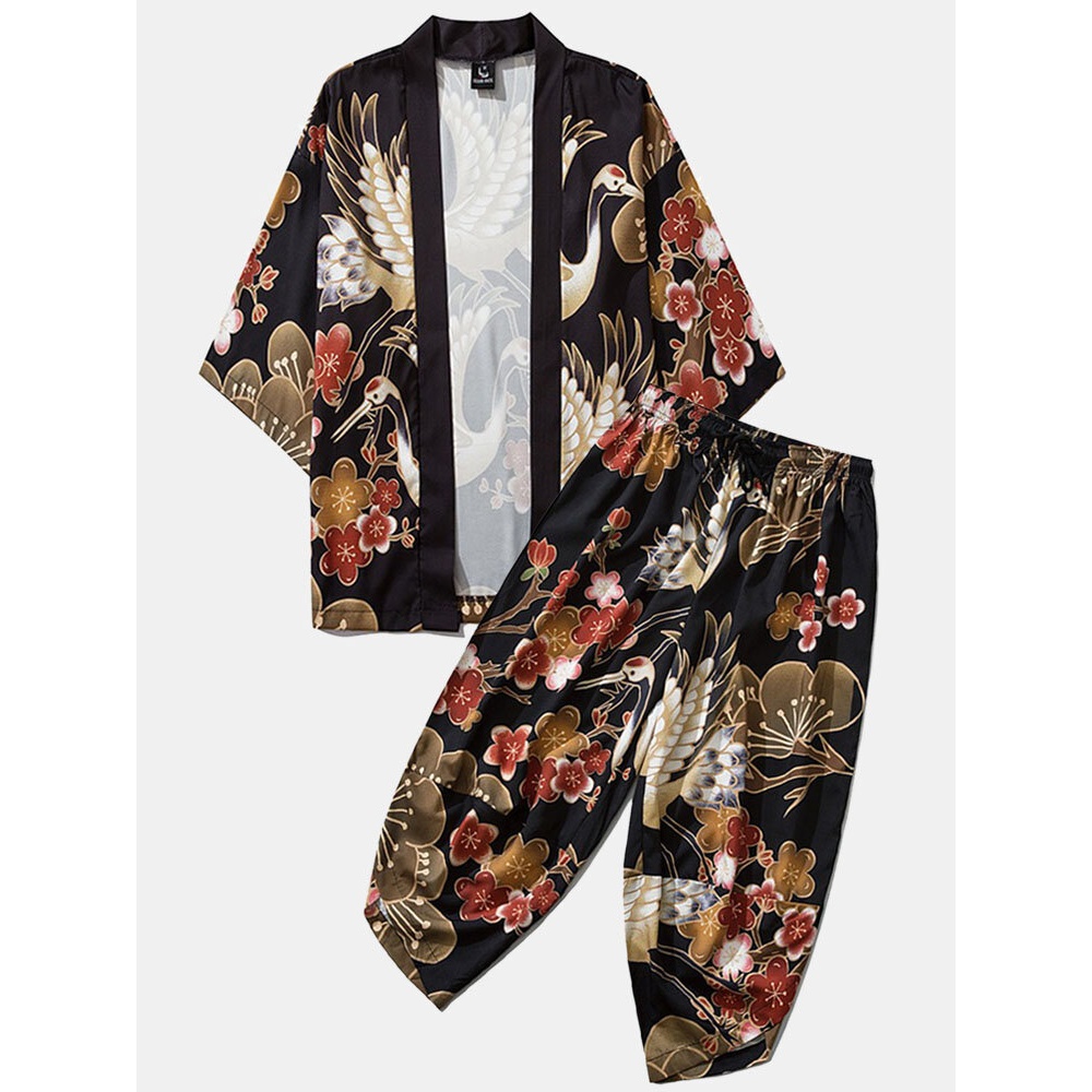 Mens Japanese Kimono Crane Flower Print Open Front & Pants Co-ords - Black M