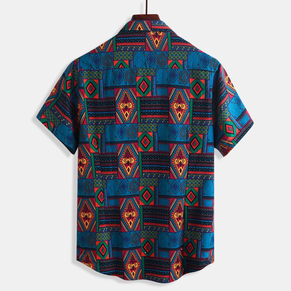 Mens Vintage Fashion Ethnic Pattern Printing Summer Shirts - M Blue - Image 2