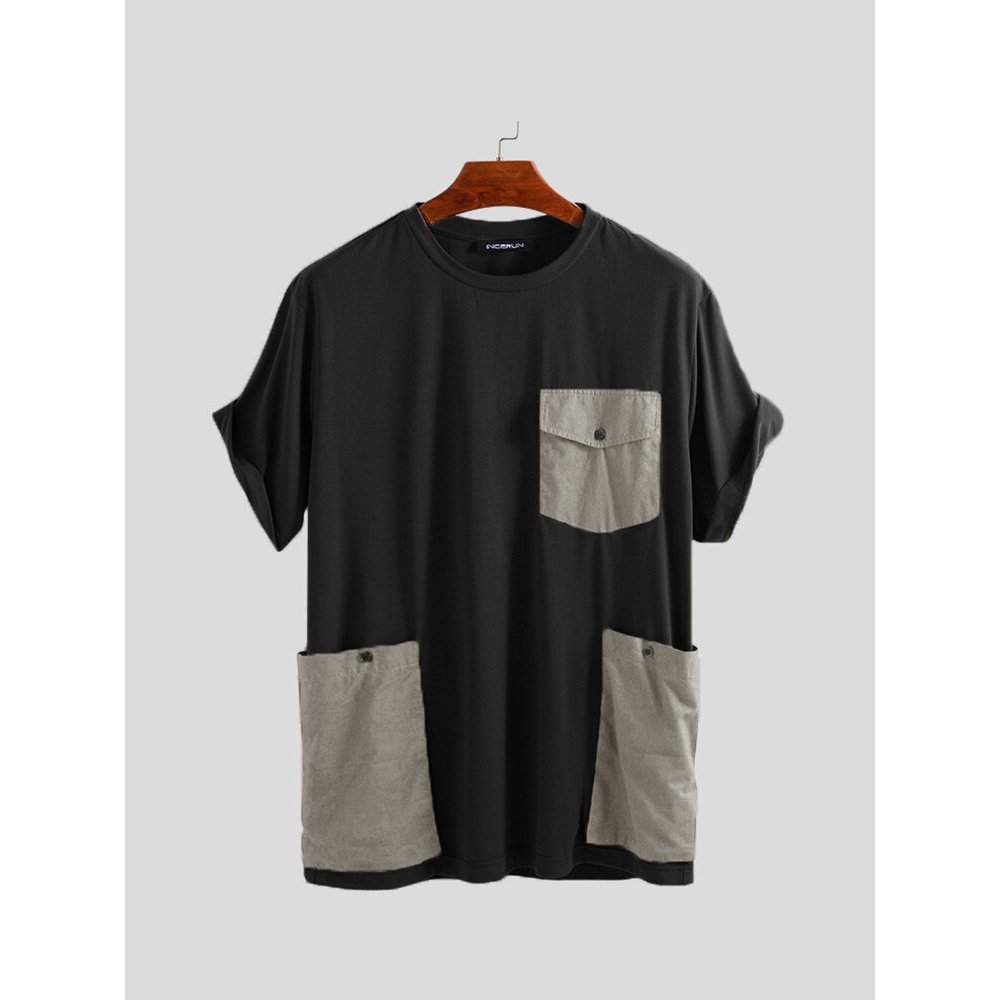 Big Pockets Stitching Short Sleeve Relaxed T-Shirts - S Black