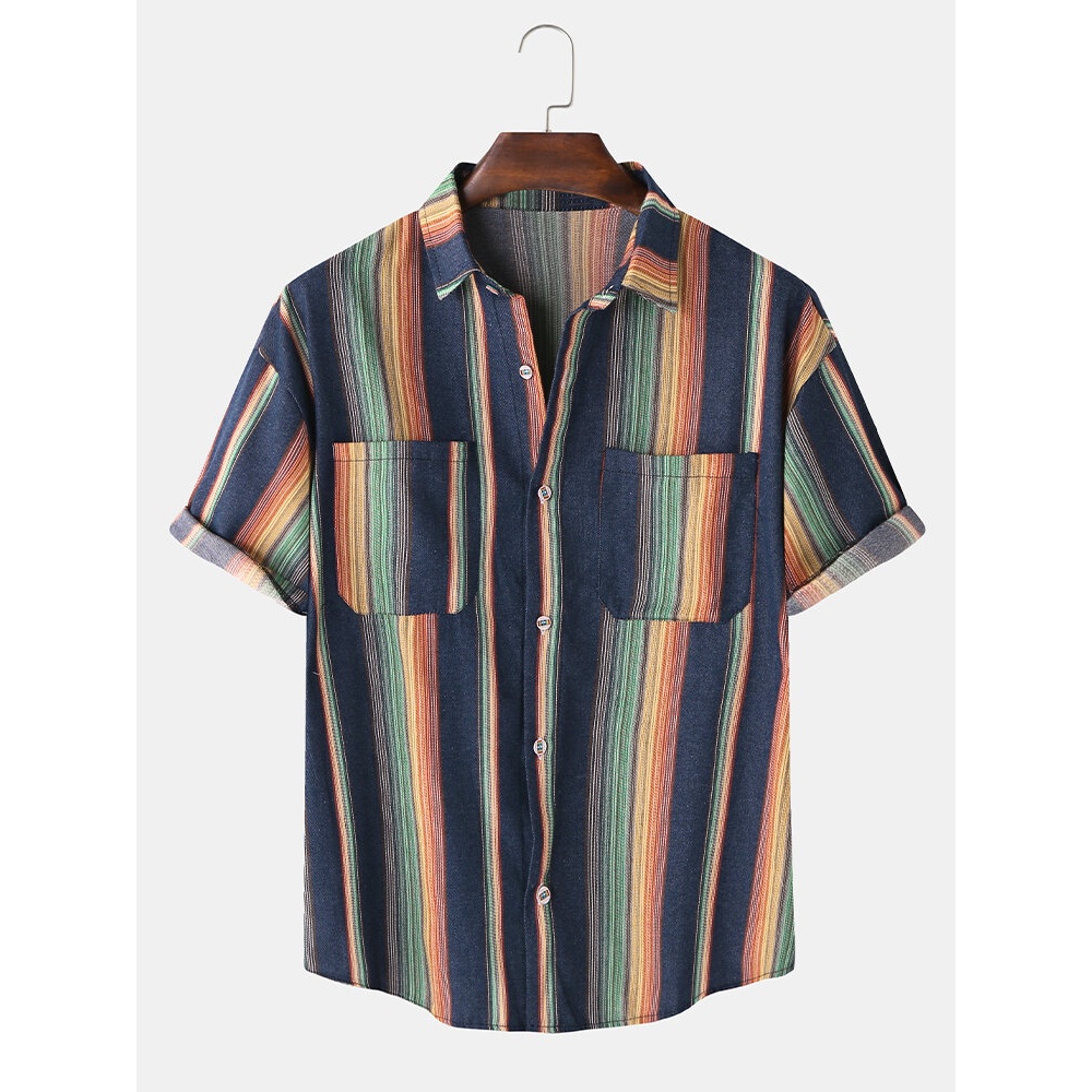 Mens Designer Gradient Colorful Stripe Double Pockets Short Sleeve Casual Shirts - Apricot 2XL