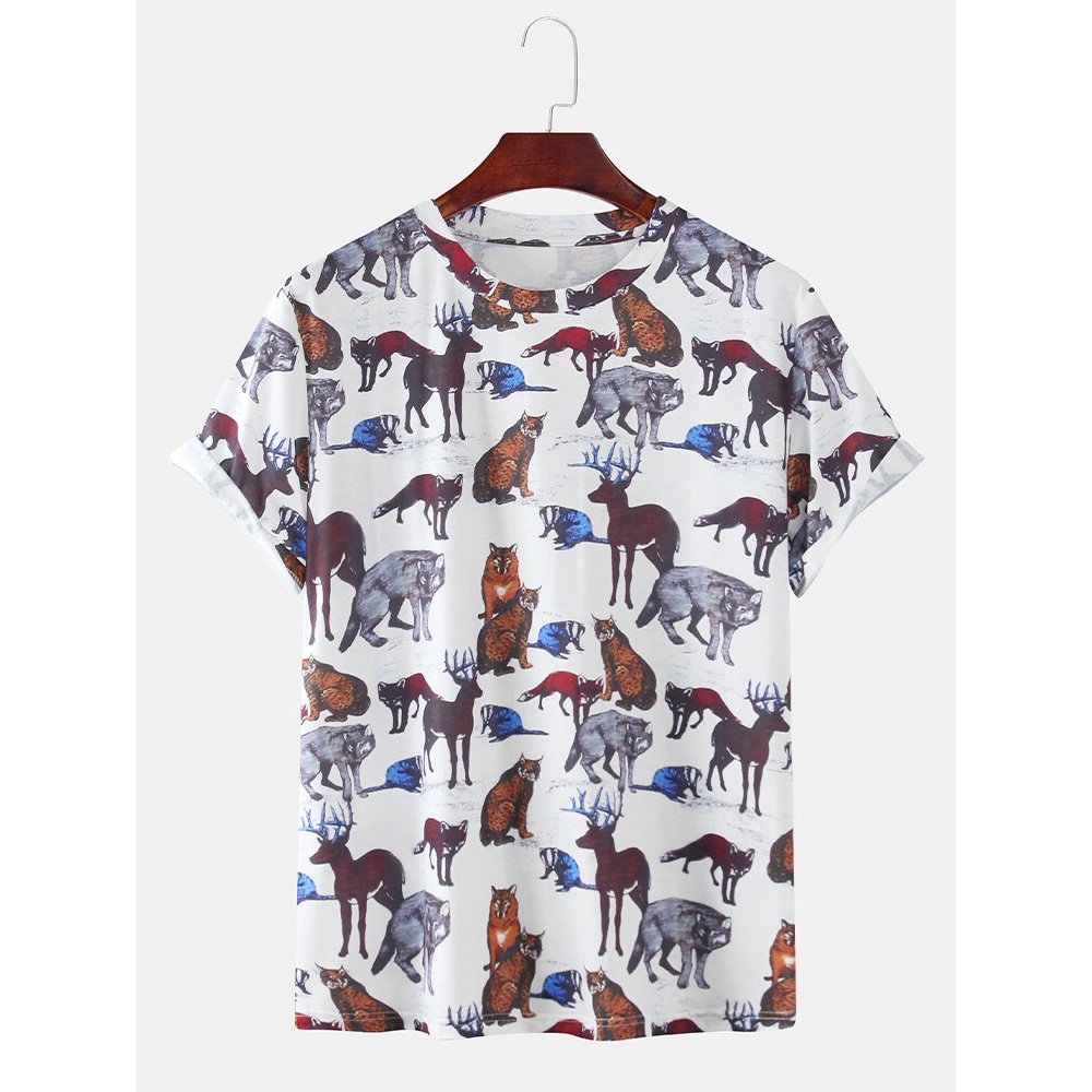 Mens Cartoon Animals Print Casual Round Neck Short Sleeve T-Shirts - White L
