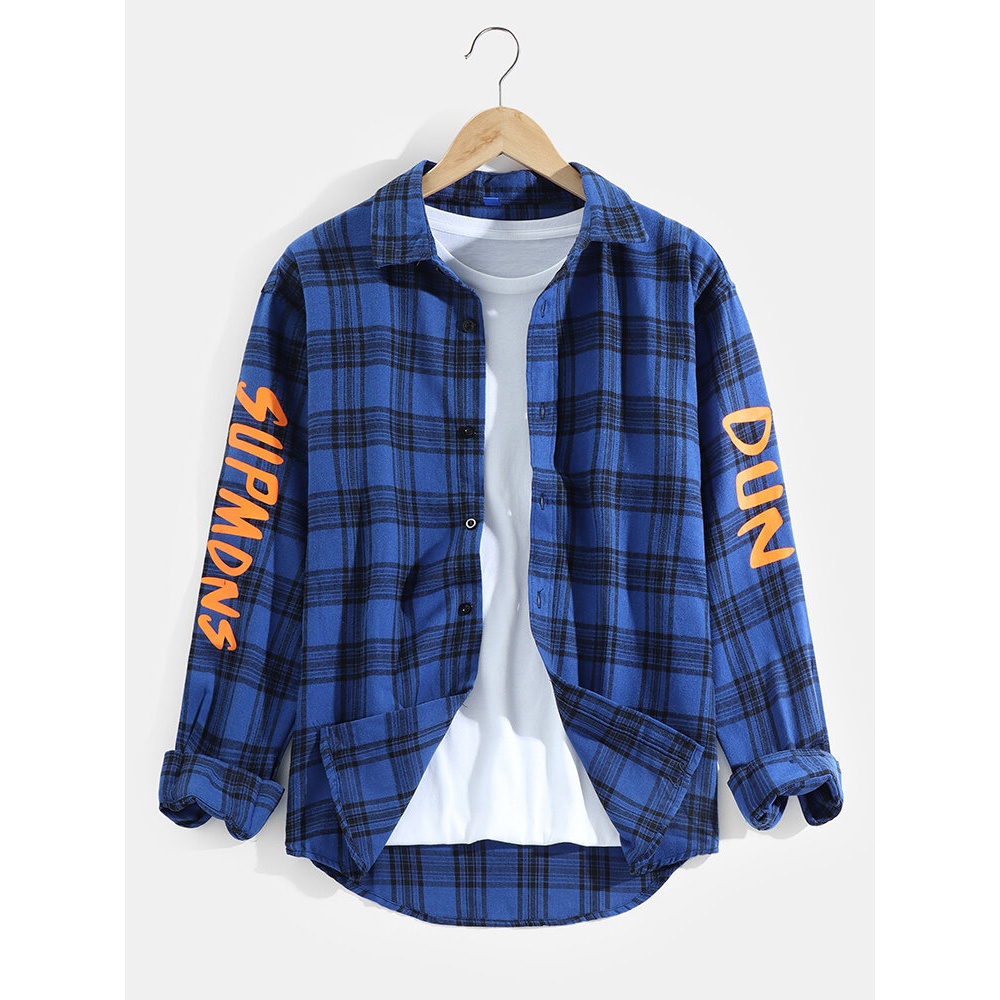 Mens Check Letter Sleeve Print Lapel Cotton Long Sleeve Shirts - Yellow S