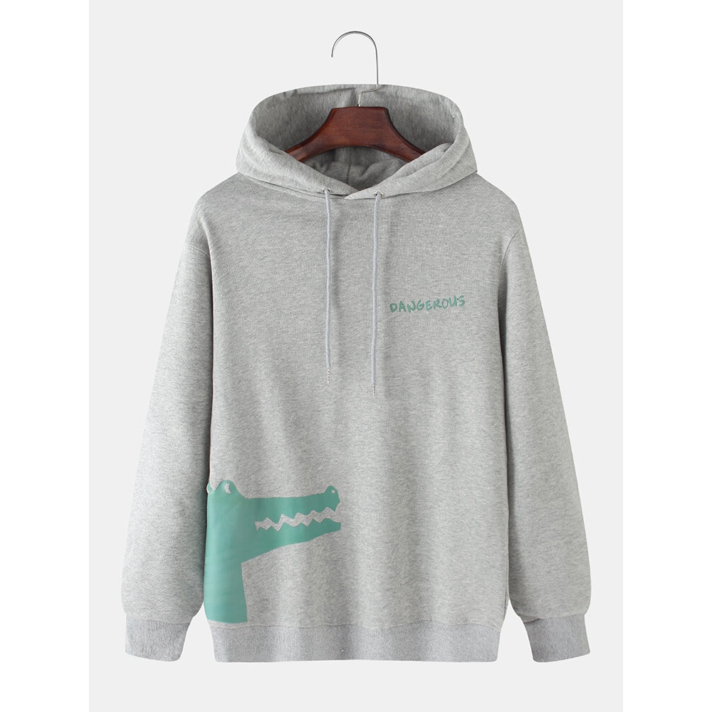 Mens Cartoon Crocodile Printed Cotton Relaxed Fit Drawstring Hoodies - Black M
