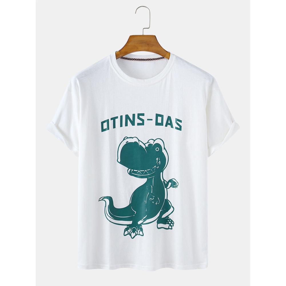 Cotton Funny Cartoon Dinosaur Print Round Neck Casual Short Sleeve T-Shirts - White M