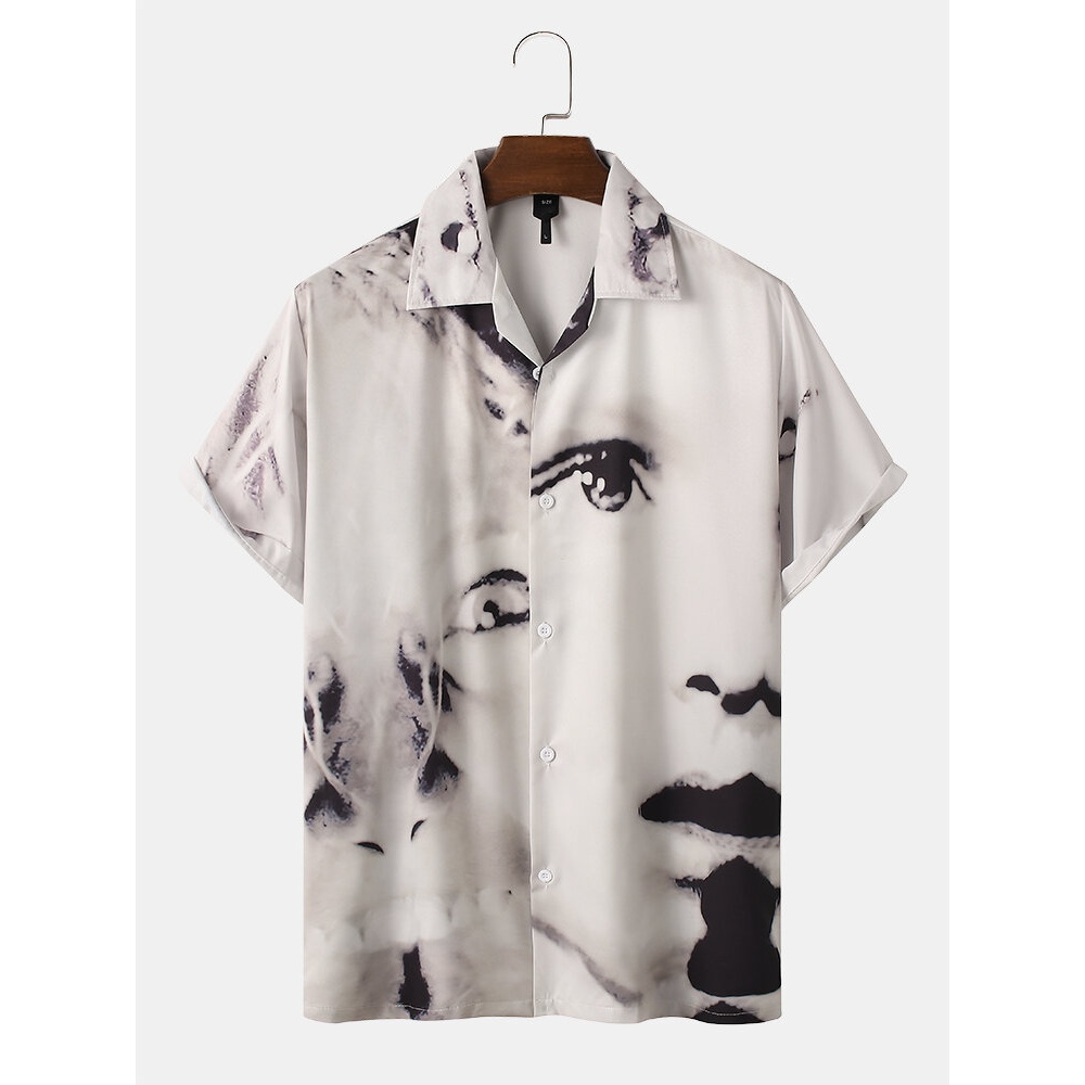 Mens All Over Figure Face Print Revere Collar Vintage Short Sleeve Shirts - Light Grey S