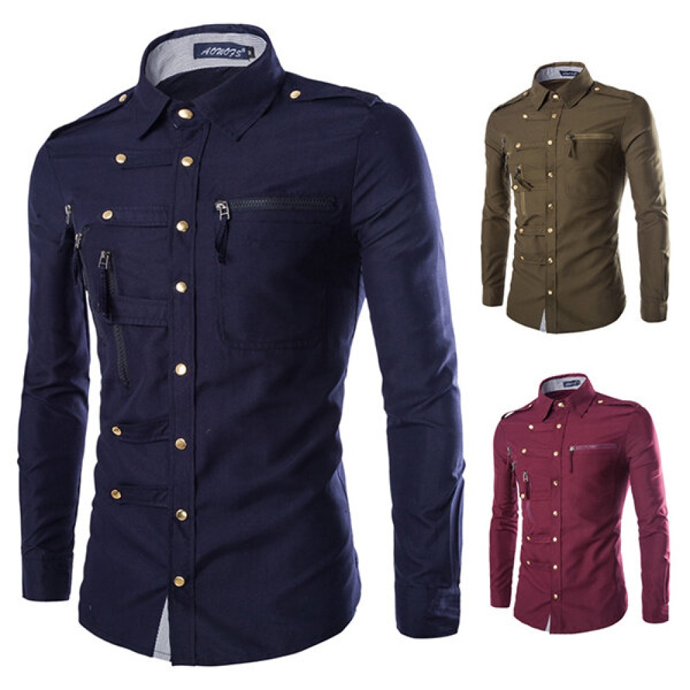 Mens Stylish Fashion Snap Fastener Multi Pockets Zippers Epaulet Decoration Slim Fit Designer Shirt - L Wine Red