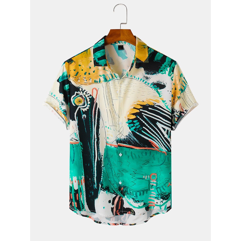 Mens Funny Graffiti Pattern Short Sleeve Shirts - Green 2XL