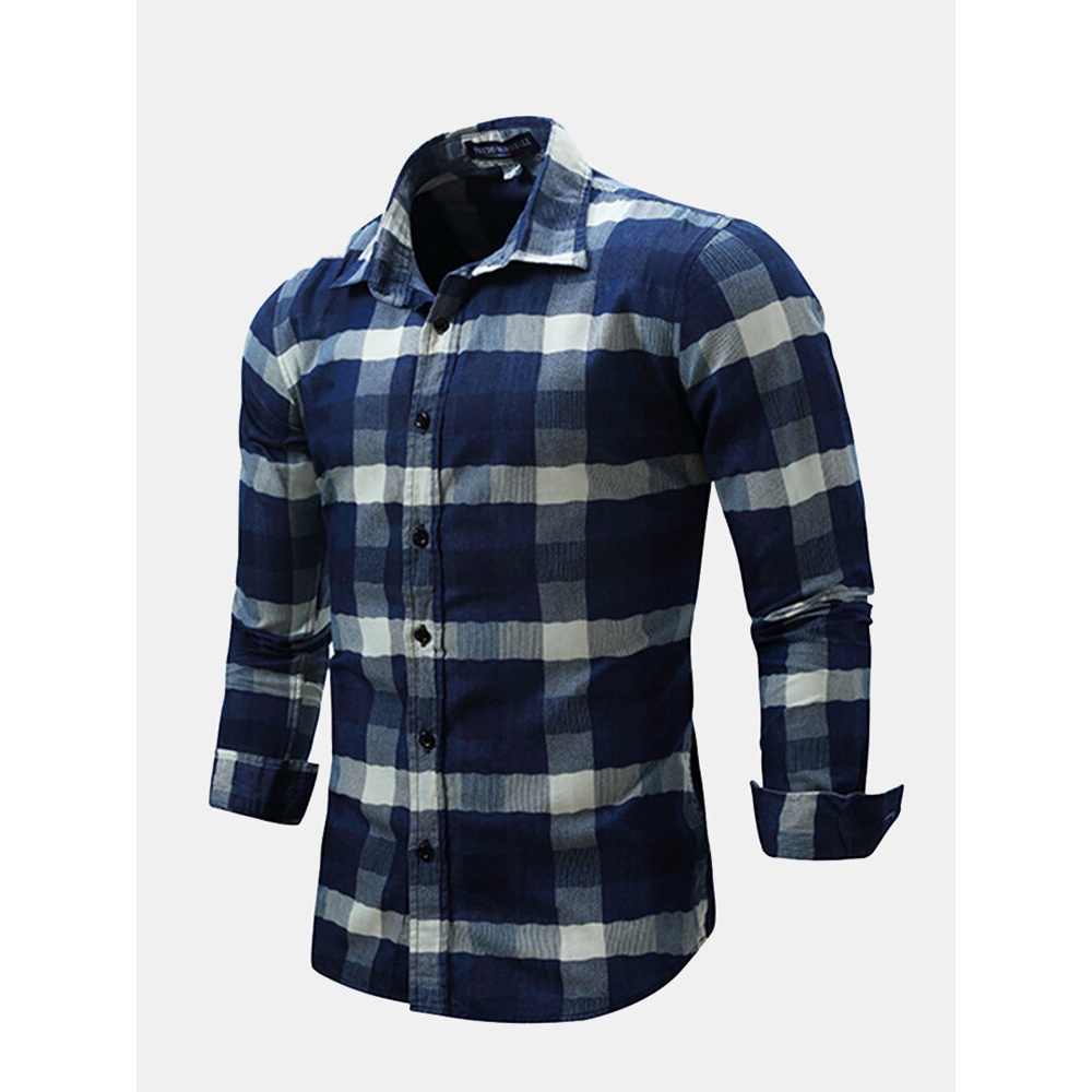 Mens Plaid Stitching Turn-down Collar Spring Autumn Long Sleeve Fashion Casual Shirt - L