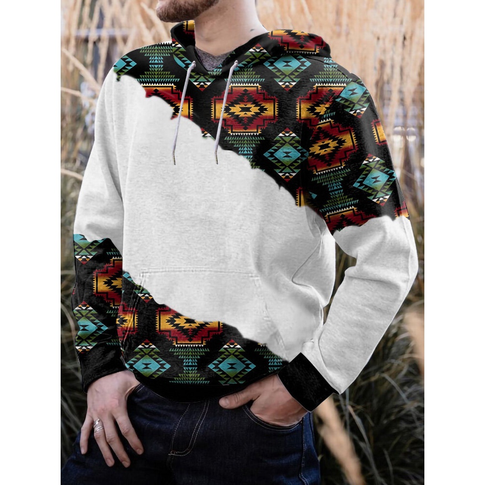 Men Geometric Pattern Patchwork Kangaroo Pocket Leisure Hooded Sweatshirt - Gray S