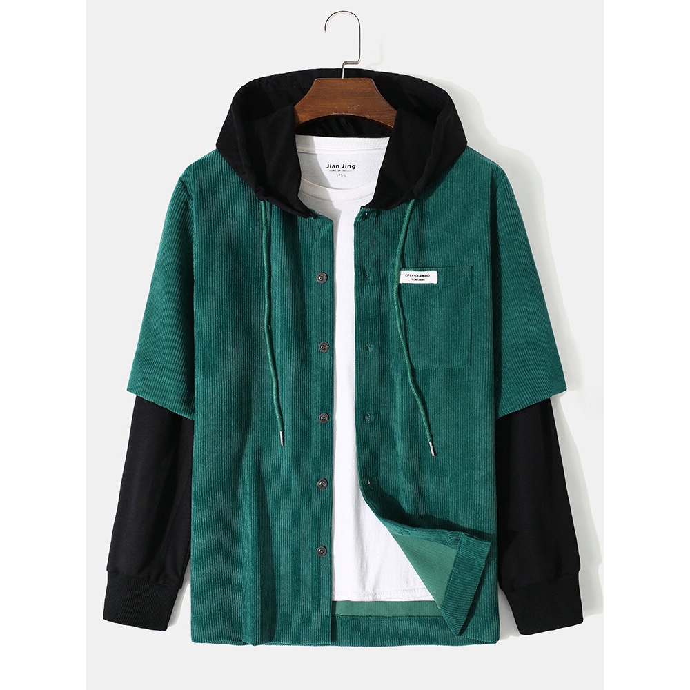 Men Faux Two Pieces Corduroy Patchwork Drawstring Hooded Casual Shirts - Green S