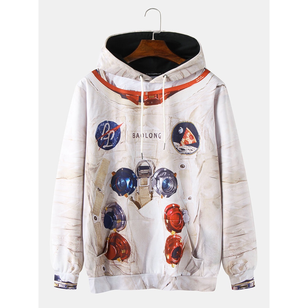 Mens Design Astronaut Print Kangaroo Pocket Long Sleeve Casual Hoodies - Grey L